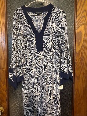 Perceptions Navy & White Leaf-Print V-Neck Swim Cover-Up or Dress